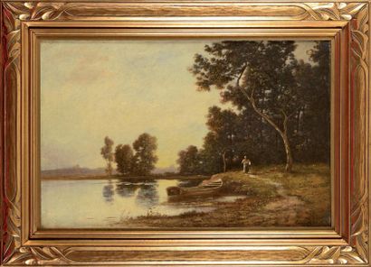 Léon RICHET (1847-1907) Barque au bord de...