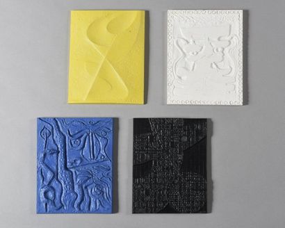 Four bas-reliefs in white plaster or blue,...