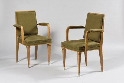 WORK OF THE 1940's Pair of beechwood armchairs,...