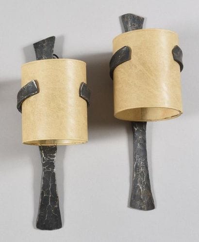 Pair of wrought iron sconces with two arms...