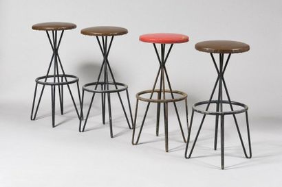 WORK OF THE 1950's Four bar stools with black...