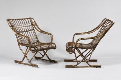 WORK OF THE 1960's Pair of armchairs in varnished...