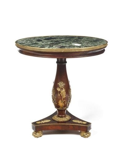 Round pedestal table in mahogany veneer,...