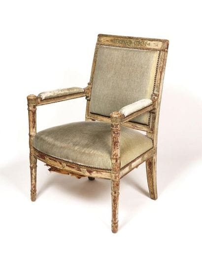 Armchair with square back, in cream relaquered...