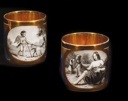 Paris Two litron-shaped porcelain cups decorated...