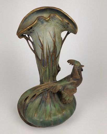 AMPHORA Vase in polychrome and gilded biscuit...