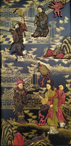 CHINA
Black lacquered wood screen with six...