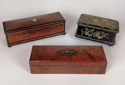 Three GLOVE BOXES in blackened wood and magnifying...