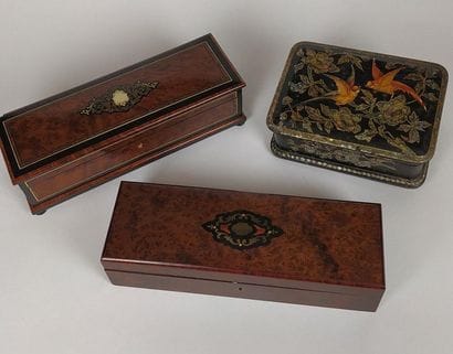 Three GLOVE BOXES in blackened wood and magnifying...