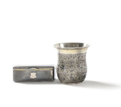 LOT comprising:

GLASS. Engraved silver,...