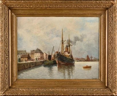 BERNIER (XIXth) Bateaux au port Oil on canvas,...