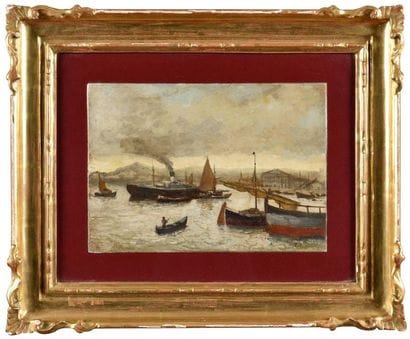 19th CENTURY SCHOOL Boats in port Oil on...