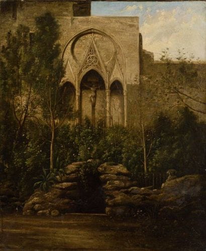 19th CENTURY SCHOOL Chapel and stream Oil...