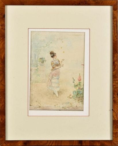 C.PUJOL (XIXe) Elegant juggling Watercolour,...