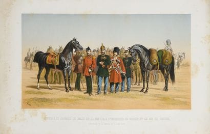 GRAVURE. 

Écuyers et chevaux de selle de...