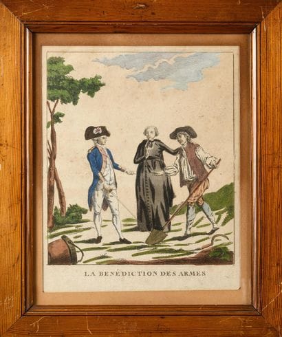 « LA BENEDICTION DES ARMES ». Gravure aquarellée....