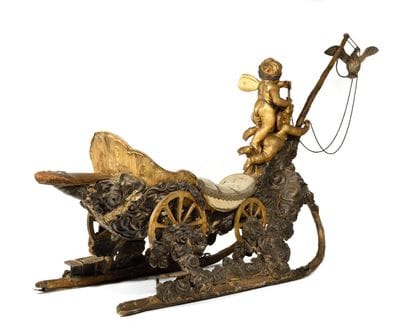 ETONNANT TRAINEAU VENITIEN. En bois sculpté...
