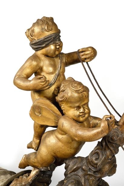 ETONNANT TRAINEAU VENITIEN. En bois sculpté...