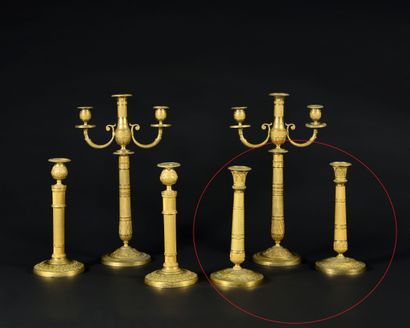 PAIRE DE BOUGEOIRS en bronze doré, ils reposent...