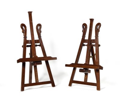 PAIR OF MAHOGANY TRESTLES. Gooseneck uprights....