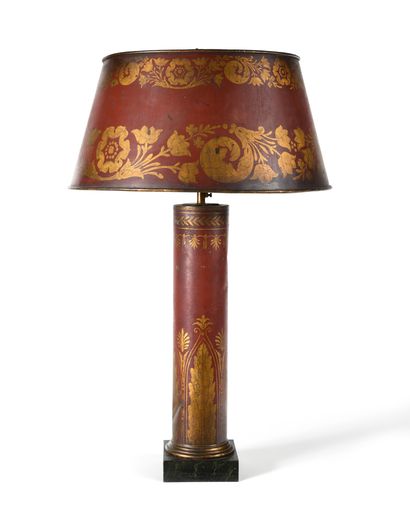 
ARGAND LAMP in red sheet metal and gilded...