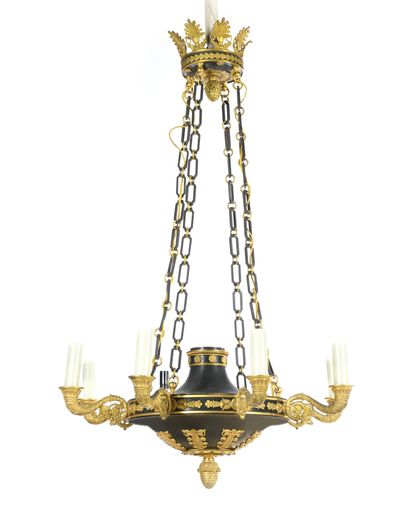 LUSTRE en forme de lampe antique en bronze...