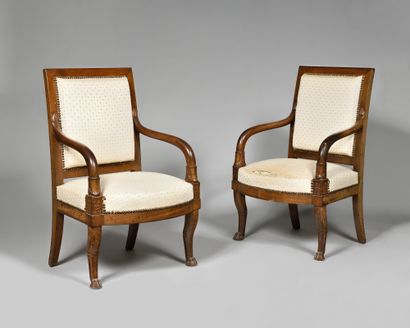 Pair of mahogany patina wood flat-back armchairs,...