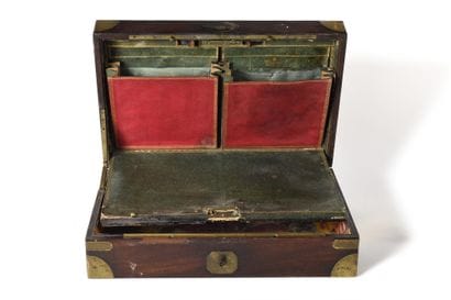 MAHOGANY WRITING CASE. Brass plate, reinforcing...