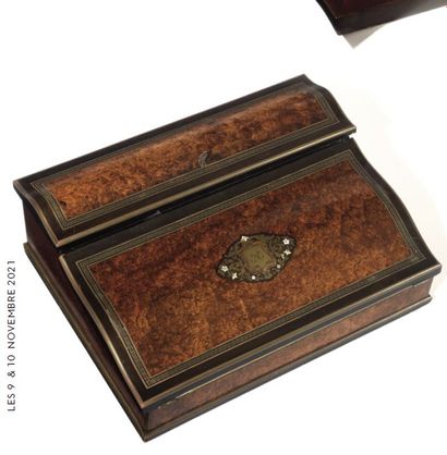 ELM BURL WRITING CASE. Decorated with a brass...