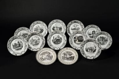 CREIL-MONTEREAU 13 earthenware plates decorated...