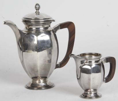 SILVERED METAL, a coffee pot and a milk jug...