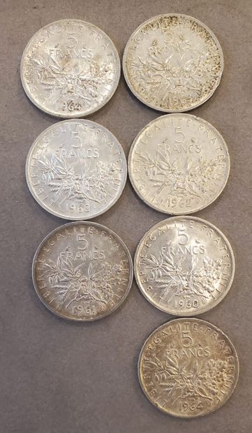 7 coins of 5 francs in silver, years : 1960,...