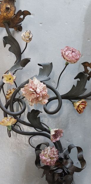 Pair of two-light metal sconces with porcelain...