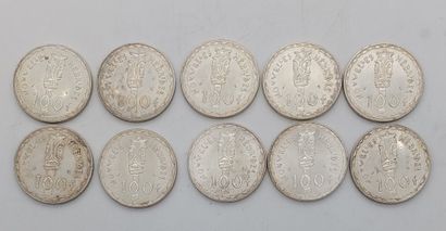 DIX PIECES DE 100 FRANCS en argent 
Années...