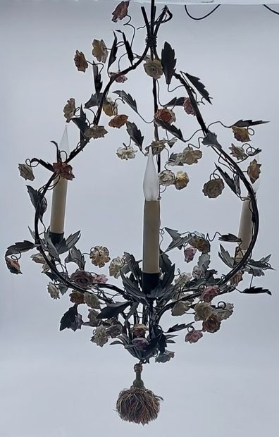 Metal chandelier with porcelain leaves and...