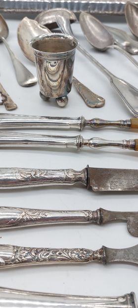 LOT OF SILVER METAL including spoons, salver,...