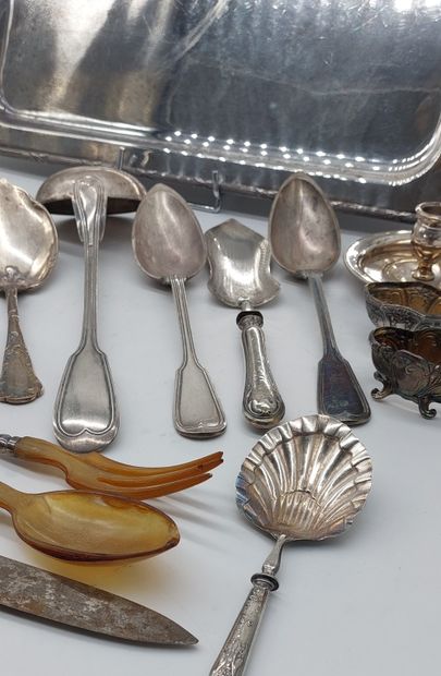 LOT OF SILVER METAL including spoons, salver,...