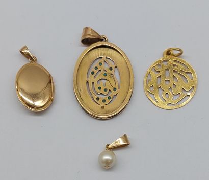 THREE PENDANTS in gold, pearls and enamel...