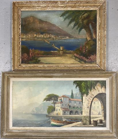 LOT DE CINQ TABLEAUX comprenant :
- Paysage...