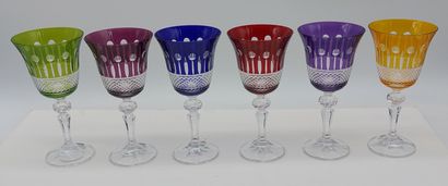 SIX colored cut-crystal WINE GLASSES
H :...
