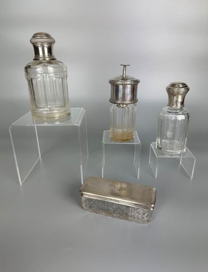 THREE crystal FLACONS, silver stoppers.
A...