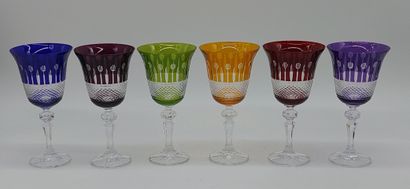 SIX colored cut crystal WATER GLASSES
H :...