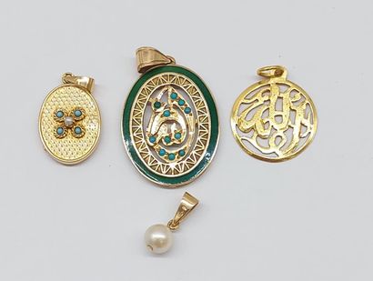 THREE PENDANTS in gold, pearls and enamel...