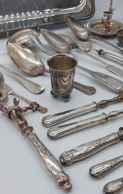 LOT OF SILVER METAL including spoons, salver,...