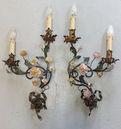 Pair of two-light metal sconces with porcelain...