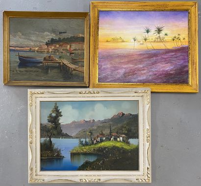 LOT DE CINQ TABLEAUX comprenant :
- Paysage...