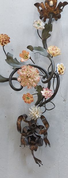 Pair of two-light metal sconces with porcelain...