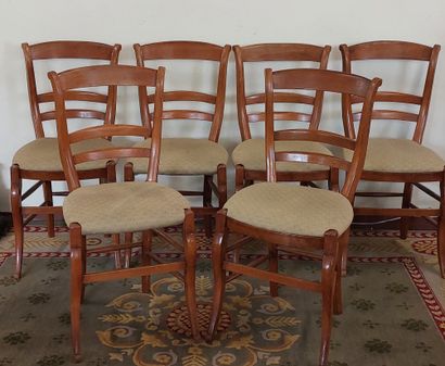 SUITE OF SIX CHAIRES in cherry wood, fabric...