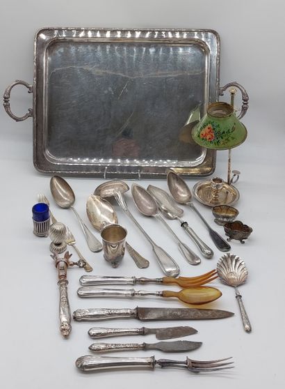 LOT OF SILVER METAL including spoons, salver,...