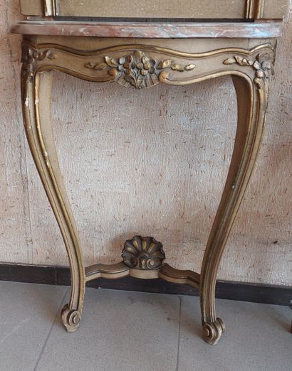 TRUMEAU ET SA CONSOLE en bois peint et doré...